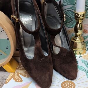 Dior Brown Suede Pointed Toe T-Strap Heels